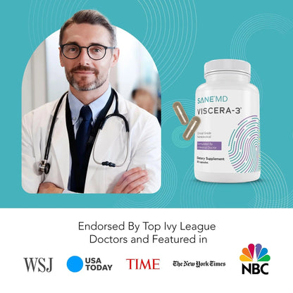 SANE MD - Viscera 3 Postbiotics with Tributyrin - Sodium Butyrate Supplement for Gas and Bloating Relief - Gut Health - IBS & Leaky Gut Butyric Acid Supplement - NSF Certified - 30 Capsules - Maple Wellness Supplements