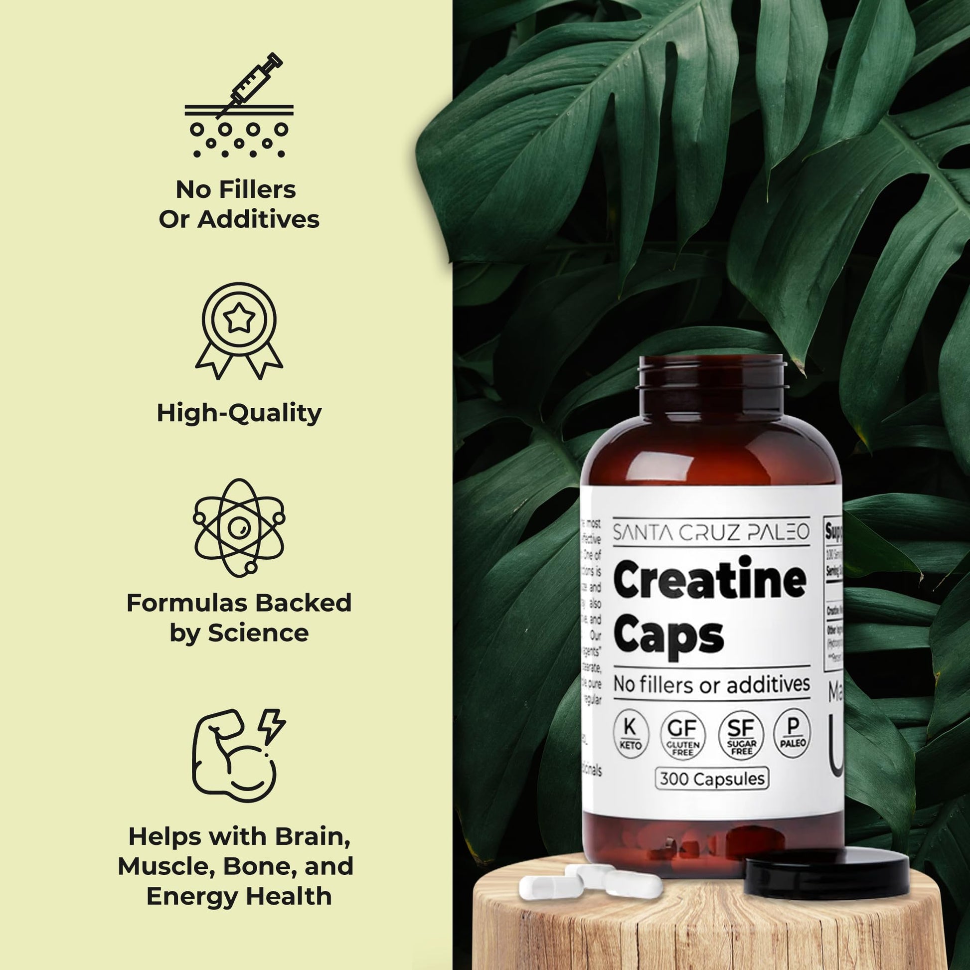 Santa Cruz Paleo Creatine Capsules, Supports Muscle Growth & Energy, Gluten Free, Keto, Sugar Free, Paleo, No Fillers or Additives, Creatine Monohydrate Pills, - Maple Wellness Supplements