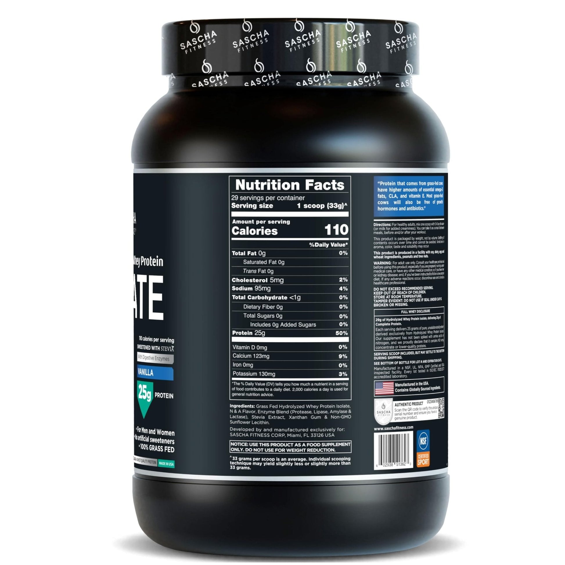 SASCHA FITNESS Hydrolyzed Whey Protein Isolate,100% Grass-Fed (2 Pounds, Vanilla) - Maple Wellness Supplements