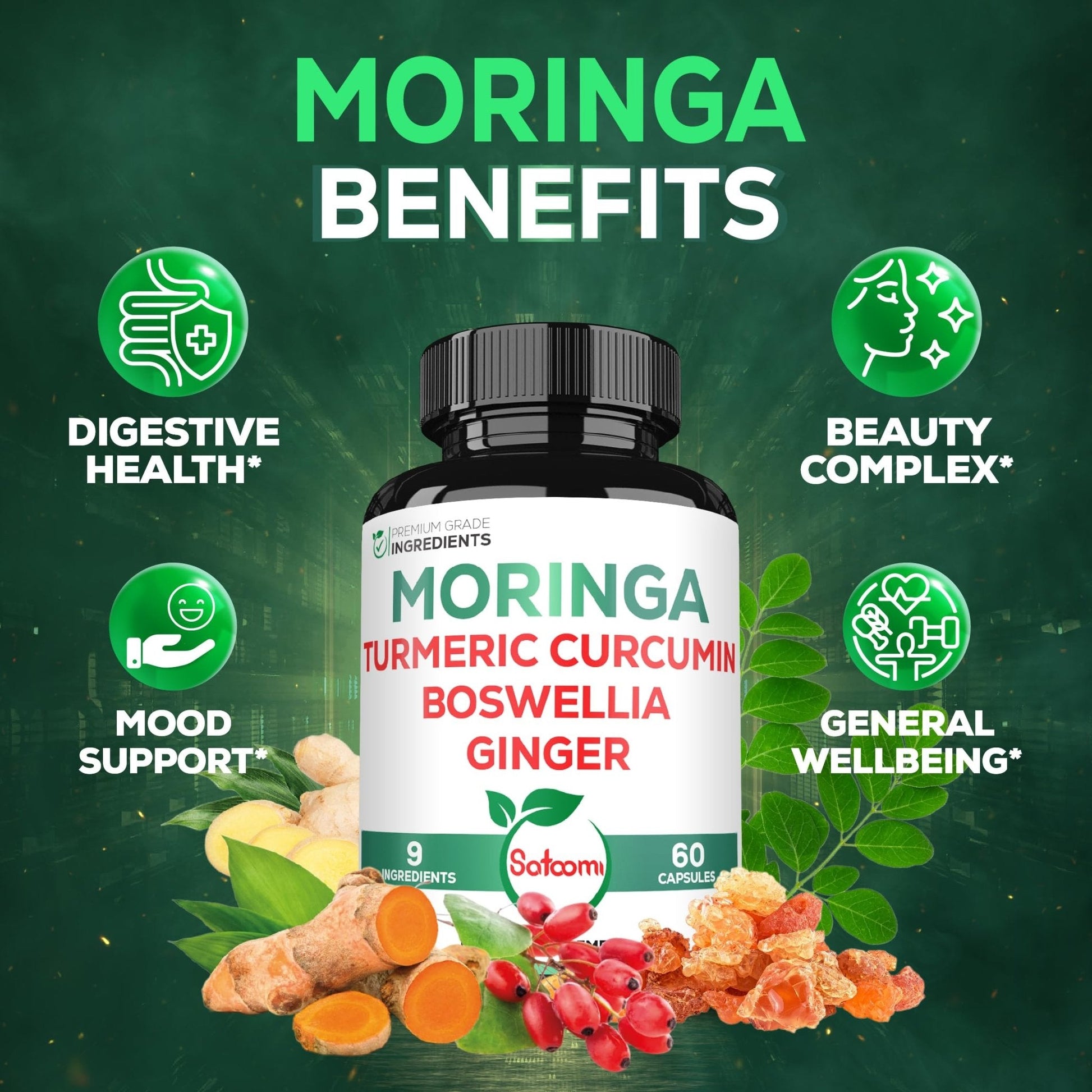 Satoomi 9in1 Moringa Capsules - Featuring Moringa, Turmeric, Boswellia, Ginger, Ashwagandha, Ceylon Cinnamon and Milk Thistle, and Resveratrol | Support Mood, Heart & Overall Health - 60 Count - Maple Wellness Supplements