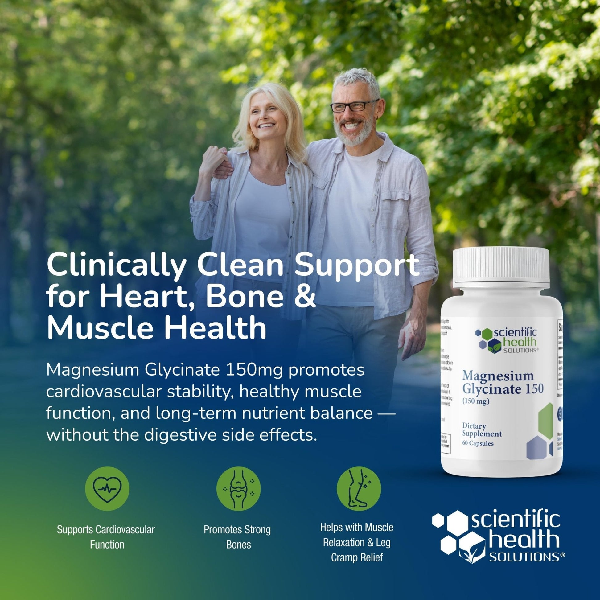 Scientific Health Solutions Magnesium Glycinate 150 mg – High‑Absorption Magnesium for Heart, Bone & Muscle Health – Supports Leg Cramps & Cardiovascular Function – Gentle on Stomach, Vegan, 60 Count - Maple Wellness Supplements