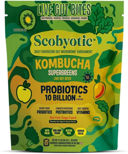 Scobyotic® Kombucha Supergreens Live Gut Bites – 10 Billion CFU Probiotics + Prebiotics & Postbiotics – Kombucha & Supergreens – Freeze-Dried Probiotic Supplement - Maple Wellness Supplements