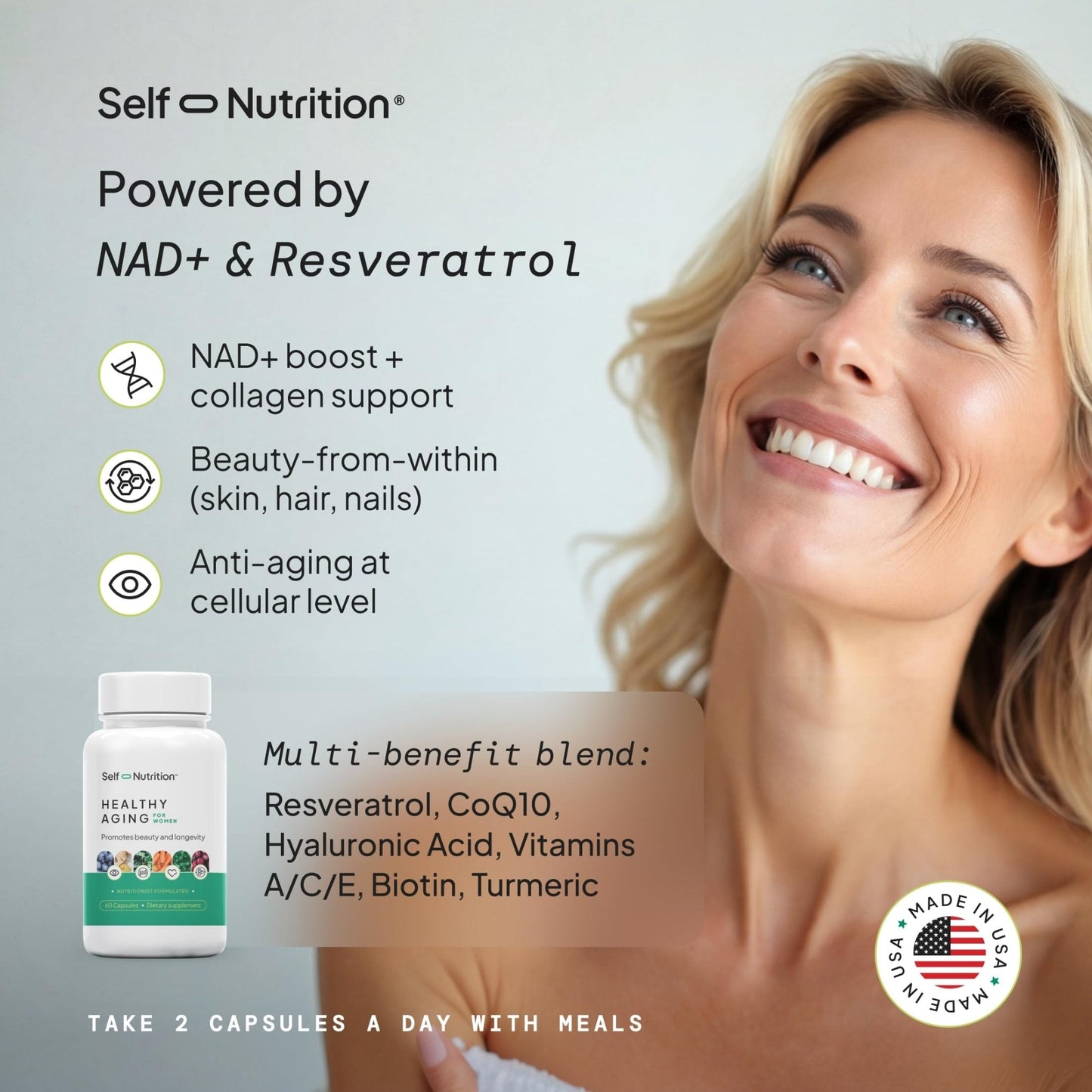 SELF NUTRITION NAD+ Resveratrol Supplement for Women – Healthy Aging Formula with CoQ10, Biotin, Turmeric & Vitamins A, C, E – Supports Energy, Skin & Longevity – 60 Capsules. Made in USA. - Maple Wellness Supplements