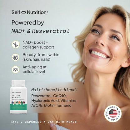 SELF NUTRITION NAD+ Resveratrol Supplement for Women – Healthy Aging Formula with CoQ10, Biotin, Turmeric & Vitamins A, C, E – Supports Energy, Skin & Longevity – 60 Capsules. Made in USA. - Maple Wellness Supplements