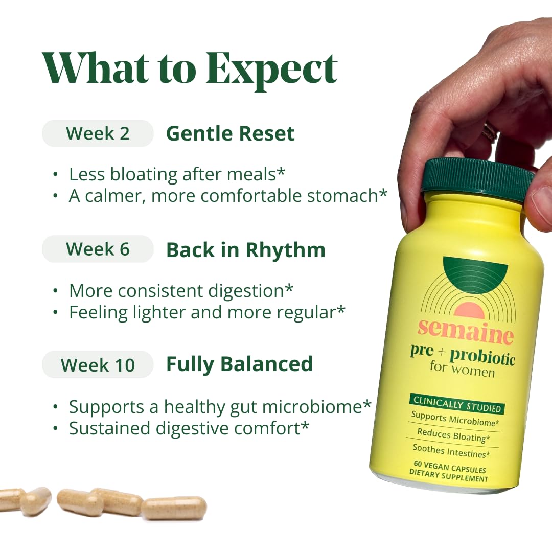 Semaine Super Powered Prebiotic + Probiotic for Women, Effective 3-in-1 Multi-Action Formula to Nourish Gut Health, Soothe IBS, Support Bloat Relief - Maple Wellness Supplements