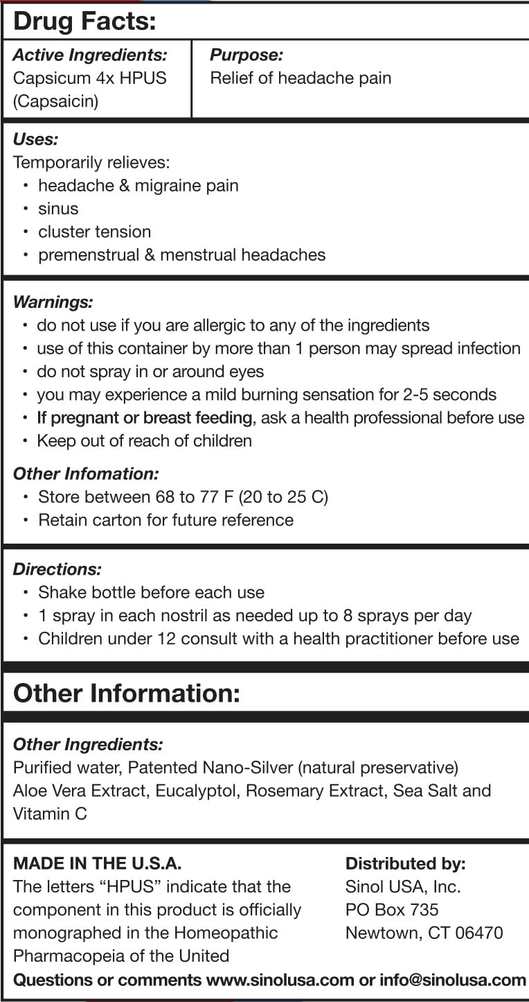 Sinol Headache Relief Spray, Over-The-Counter Medication Nose Spray for Migraine Cluster Tension, Sinus Relief & Nasal Decongestants, 15 ml - Maple Wellness Supplements