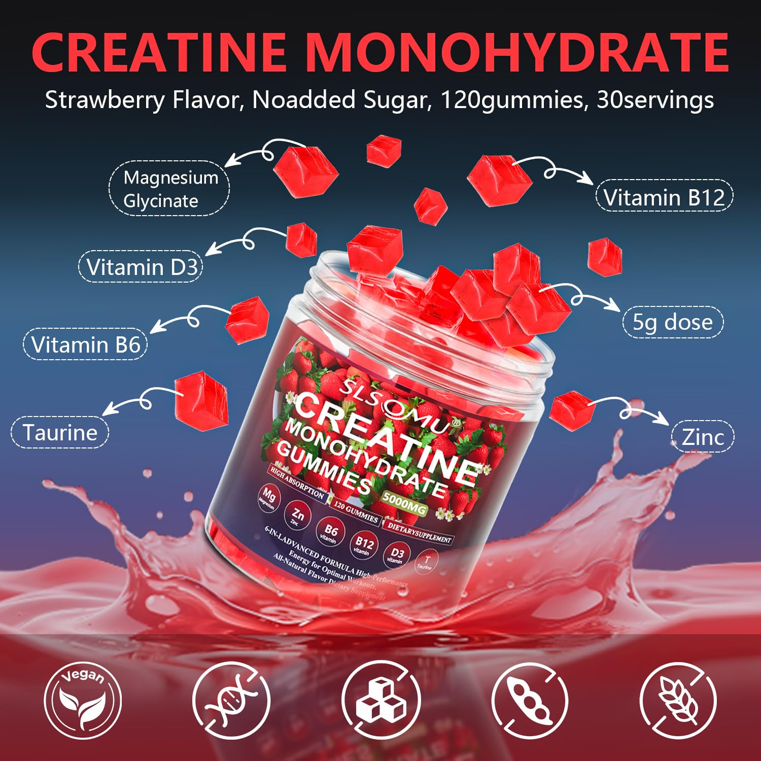 Slsomu Creatine Gummies for Women, 5000mg Pre-Workout Muscle Strength & Energy Support, 0 Sugar Creatine Gummy with L-Taurine, Zinc - Maple Wellness Supplements