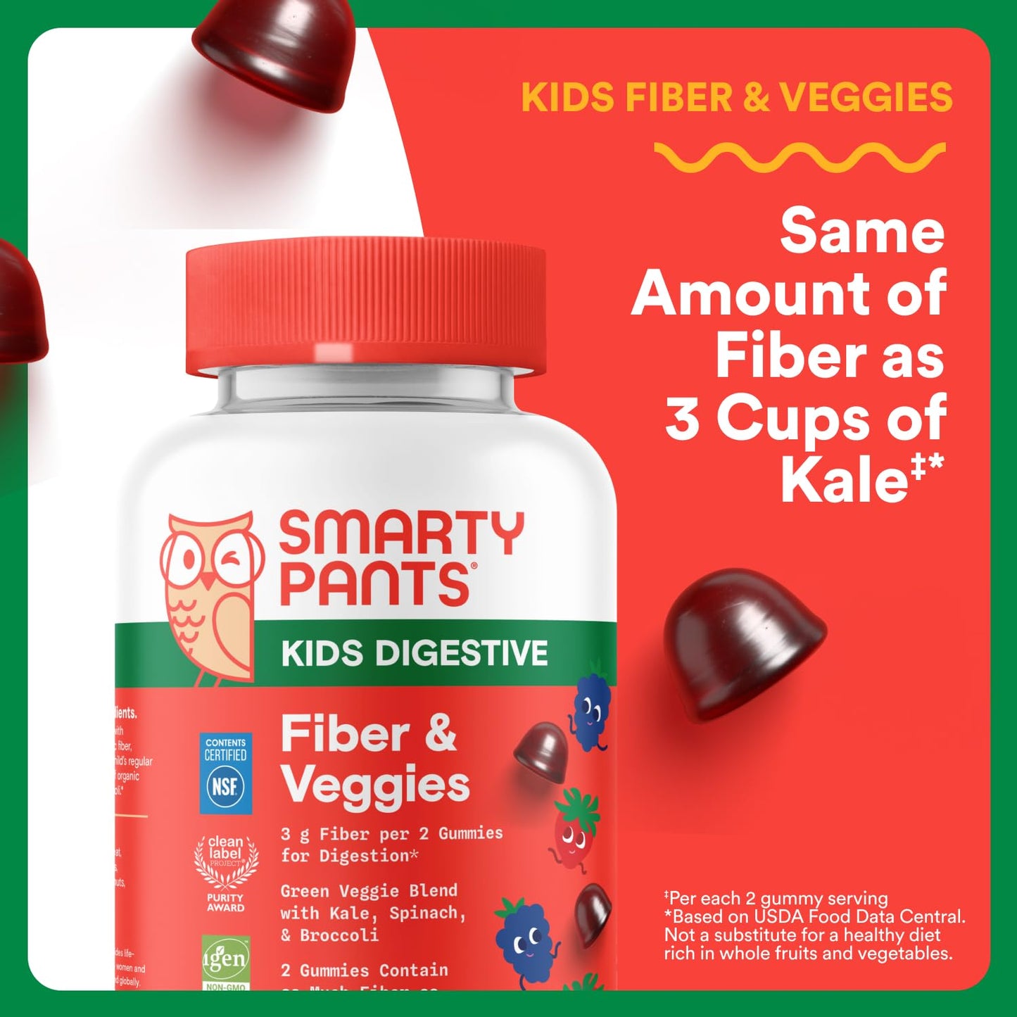 SmartyPants Kids Fiber & Veggies: Prebiotic Fiber Gummies for Kids, Fiber Supplement with Inulin, Organic Green Veggie Blend, Vegan, Gluten Free - Maple Wellness Supplements