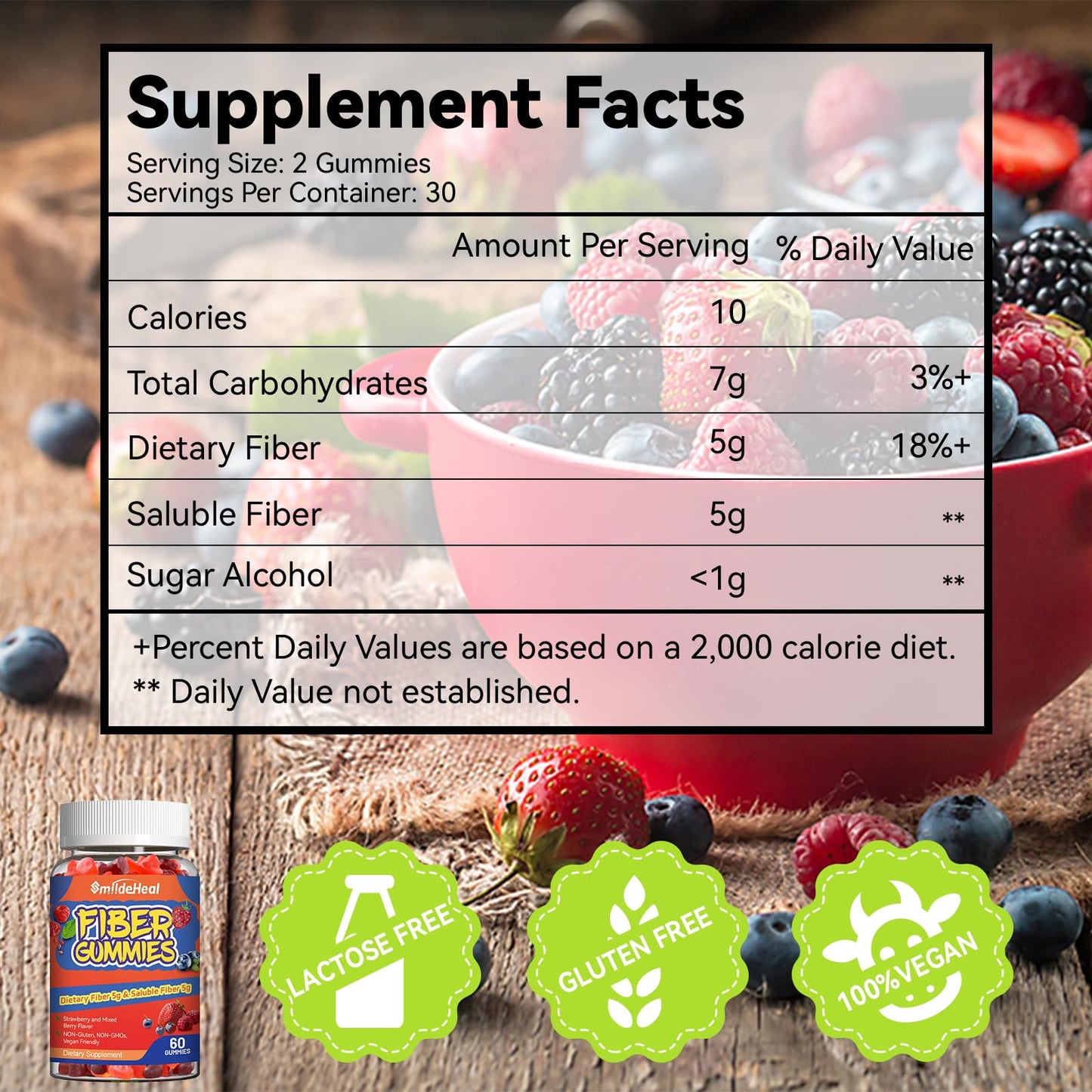 SmildeHeal Fiber Gummies, Dietary Fiber, for Women and Men, Gut Health Support, Non-GMOs, Non-Gluten, Vegan, Mixed Berry - Maple Wellness Supplements