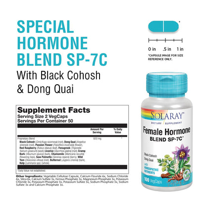 SOLARAY Female Hormone Blend SP-7C | W/Black Cohosh, Dong Quai, Passion Flower, Wild Yam & More | 100 VegCaps, 50 Serv. - Maple Wellness Supplements
