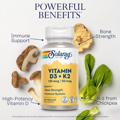 SOLARAY Vitamin D3 K2 - Bone Health and Immune Support Supplement - With 5000 IU Vitamin D as Vit D3 and 50 mcg Vitamin K2 as Menoquinone MK7, Made Without Soy - Maple Wellness Supplements