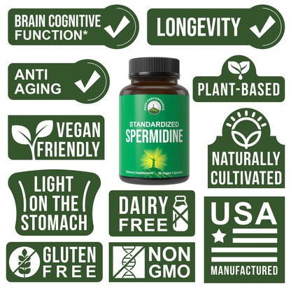 Spermidine Supplement Ultra High Strength Standardized to 99% Spermidine Trihydrochloride. More Potent Than Wheat Germ Extract. Vegan Capsules for Healthy Aging, Longevity. USA Tested Supplements - Maple Wellness Supplements