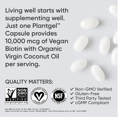 Sports Research® Biotin 10,000mcg with Organic Coconut Oil - Biotin (Vitamin B7) for Healthy Skin and Hair Support* - for Women and Men - Vegan, Non-GMO, Gluten & Soy-Free - 30 Veggie Softgels - Maple Wellness Supplements
