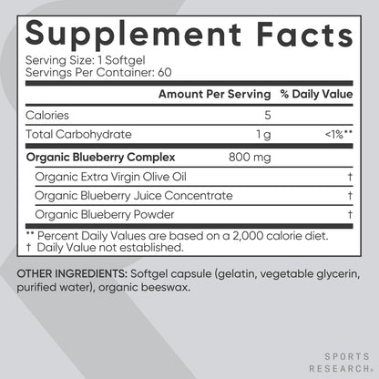 Sports Research Blueberry Capsules - Made from Organic Blueberries with Organic Extra Virgin Olive Oil - Non-GMO & Gluten Free - 60 Liquid Softgels - Maple Wellness Supplements
