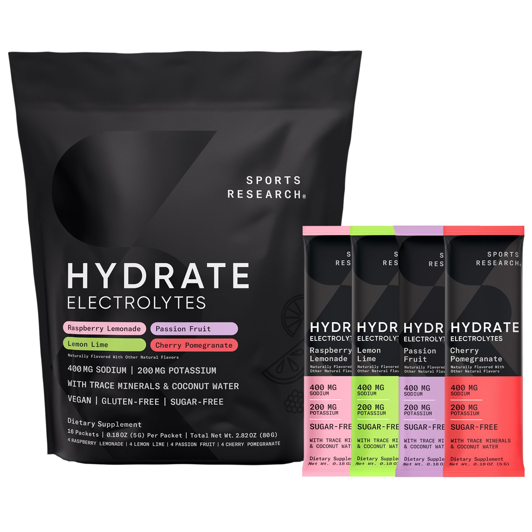 Sports Research® Hydrate Electrolytes Powder Packets - Sugar-Free & Naturally Flavored with Vitamins, Minerals, and Coconut Water - Supports Hydration - 16 Packets - Variety Pack - Maple Wellness Supplements