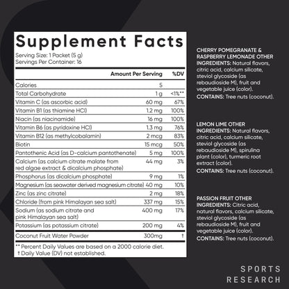 Sports Research® Hydrate Electrolytes Powder Packets - Sugar-Free & Naturally Flavored with Vitamins, Minerals, and Coconut Water - Supports Hydration - 16 Packets - Variety Pack - Maple Wellness Supplements