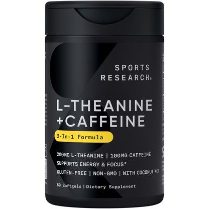 Sports Research L-Theanine Supplement with Caffeine & Coconut MCT Oil - Focused Energy, Alertness & Relaxation Without Drowsiness - 200mg L Theanine, 100mg Organic Caffeine - 60 Liquid Softgels - Maple Wellness Supplements