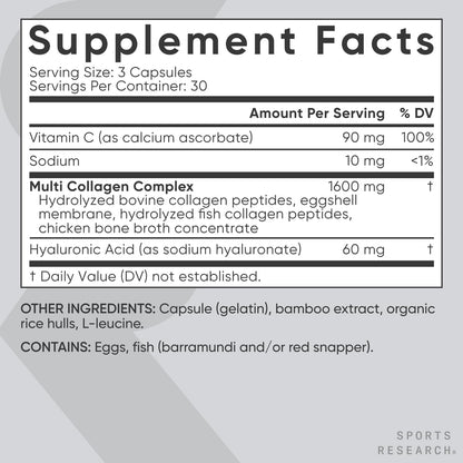 Sports Research® Multi Collagen Pills for Women & Men - Collagen Peptides (Type I, II, III, V, X) Enhanced with Hyaluronic Acid & Vitamin C - Gluten Free ­· Non-GMO - 90 Capsules - Maple Wellness Supplements