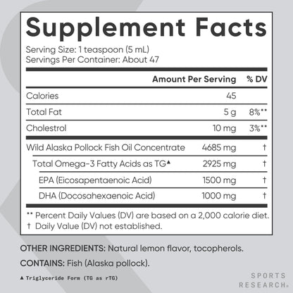 Sports Research® Omega-3 Fish Oil, 8oz Glass Bottle - 4685mg of Wild Caught Alaska Pollock Fish Oil per Serving - Easy-to-Take Liquid · Lemon Flavor · Non-GMO · MSC Certified Sustainable - 48 Servings - Maple Wellness Supplements