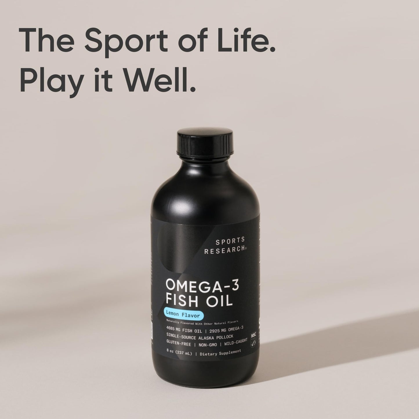 Sports Research® Omega-3 Fish Oil, 8oz Glass Bottle - 4685mg of Wild Caught Alaska Pollock Fish Oil per Serving - Easy-to-Take Liquid · Lemon Flavor · Non-GMO · MSC Certified Sustainable - 48 Servings - Maple Wellness Supplements