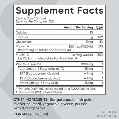 Sports Research® Omega-3 Wild Alaskan Cod Liver Oil 1000mg with Vitamins A (1000 IU) & D3 (400 IU) - Burpless, Bovine Free, Non-GMO, & MSC Certified Sustainable - 120 Softgels - Maple Wellness Supplements