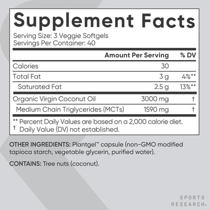Sports Research® Organic Coconut Oil Capsules 3000MG - Cold Pressed Extra Virgin Coconut Oil with Medium Chain Triglycerides (MCTs) - Vegan Friendly & Non-GMO Verified - 120 Softgels - Maple Wellness Supplements