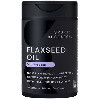 Sports Research Organic Flaxseed Oil Softgels 1242mg - Plant Based Omega 3 Supplement with 720mg ALA for Women & Men - Non-GMO, Soy & Gluten Free (200 Count) - Maple Wellness Supplements