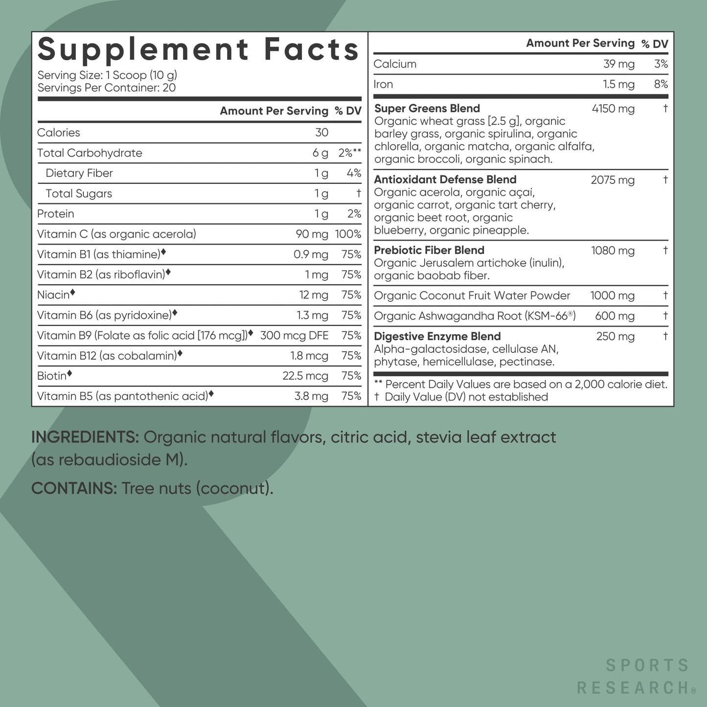 Sports Research® Organic Greens Superfood Powder w/Spirulina & Chlorella, Adaptogens, Enzymes, Probiotics & 8 VIT Bs for Gut & Mood Support* - Vegan, Sugar-Free & Low-Cal Original 20 Servings - Maple Wellness Supplements