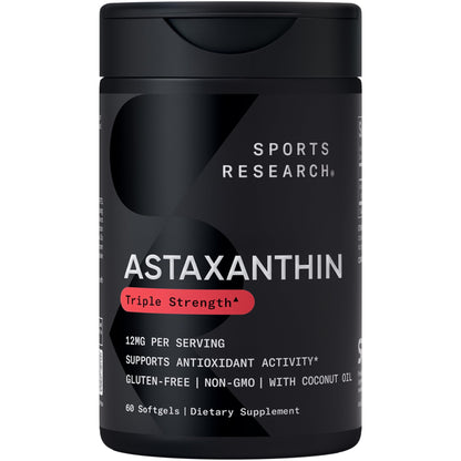 Sports Research® Triple Strength Astaxanthin 12mg w/Organic Coconut Oil - Antioxidant Supplement for Skin & Eye Health Support* - Soy Free · Non-GMO · Gluten Free - 60 Softgels - Maple Wellness Supplements