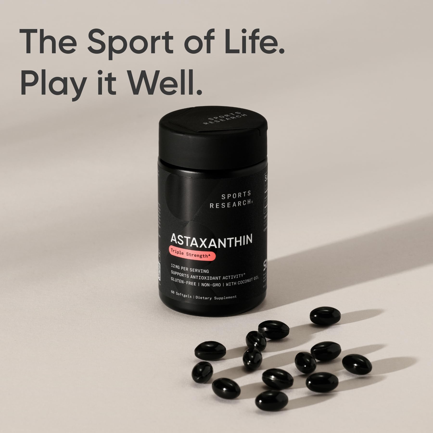 Sports Research® Triple Strength Astaxanthin 12mg w/Organic Coconut Oil - Antioxidant Supplement for Skin & Eye Health Support* - Soy Free · Non-GMO · Gluten Free - 60 Softgels - Maple Wellness Supplements
