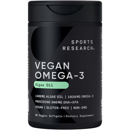 Sports Research Vegan Omega-3 Fish Oil Alternative from Algae Oil - Highest Levels of Vegan DHA & EPA Fatty Acids | Non-GMO Tested & Vegan Certified - 60 Veggie Softgels (Carrageenan Free) - Maple Wellness Supplements