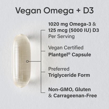 Sports Research Vegan Omega-3 with Vitamin D3 Softgels - 1020mg Omega-3 & 5000iu D3 Supplement - Fish Oil Alternative with Vitamin D Plant-Based Support from Algae Oil - 60 Veggie Softgels for Adults - Maple Wellness Supplements