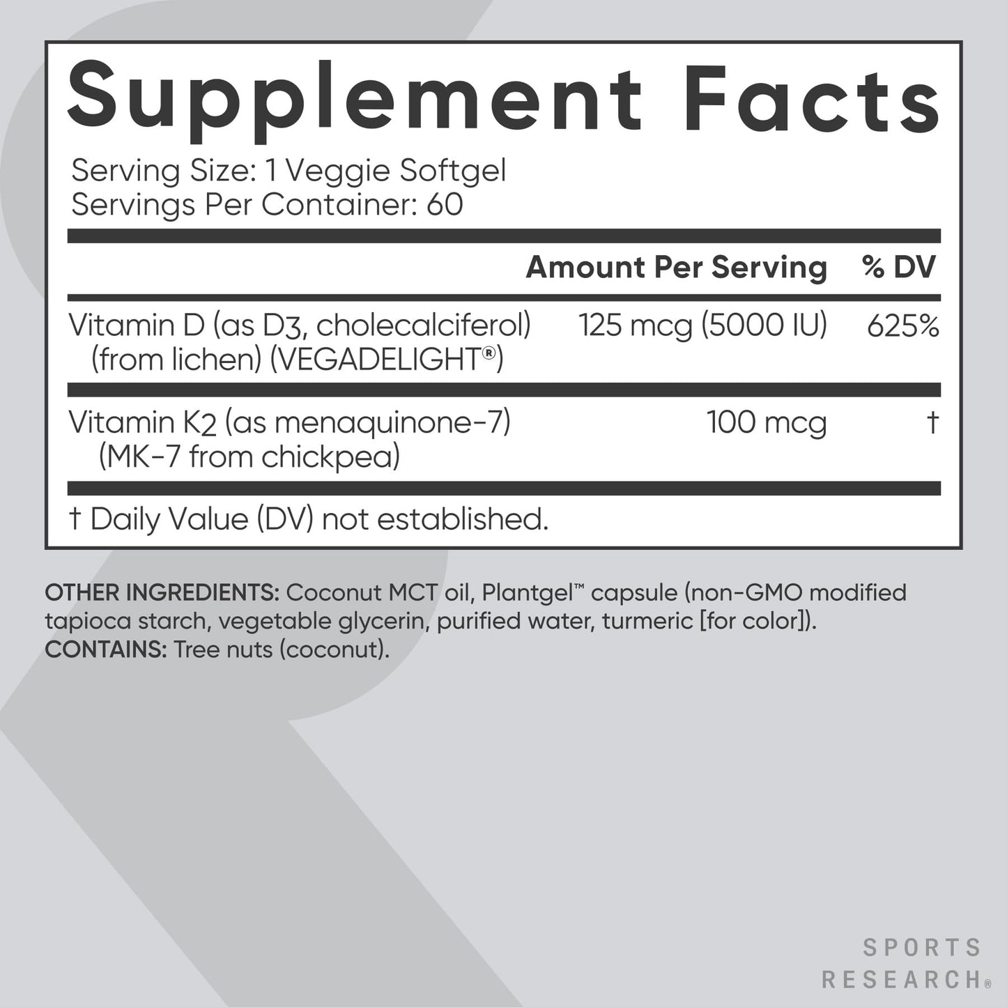 Sports Research® Vitamin D3 + K2 w/ Coconut Oil - Vegan Vitamin D 5000iu & Mk7 Vitamin K 100mcg for Bone & Immune Support - Vegan Certified · Non-GMO · Soy Free - 60 Softgels - Maple Wellness Supplements