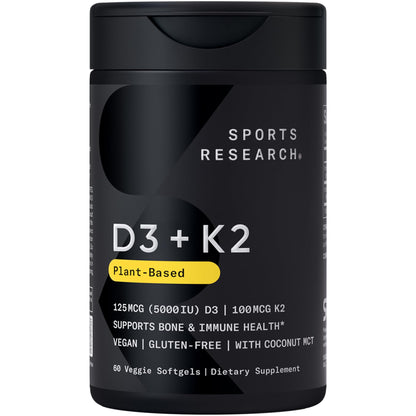 Sports Research® Vitamin D3 + K2 w/ Coconut Oil - Vegan Vitamin D 5000iu & Mk7 Vitamin K 100mcg for Bone & Immune Support - Vegan Certified · Non-GMO · Soy Free - 60 Softgels - Maple Wellness Supplements