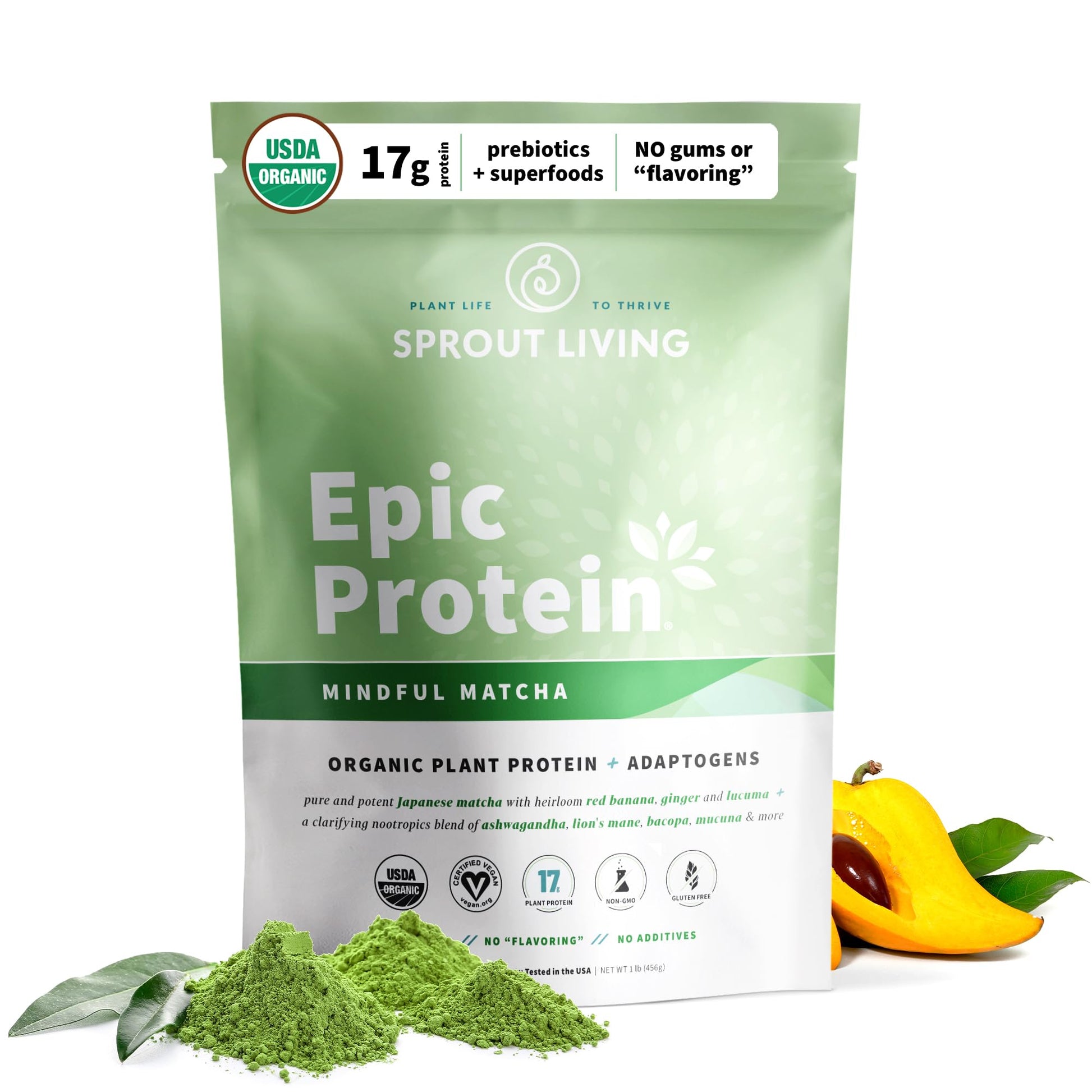 Sprout Living Epic Protein, Plant Based Protein & Superfoods Powder, Mindful Matcha - Maple Wellness Supplements