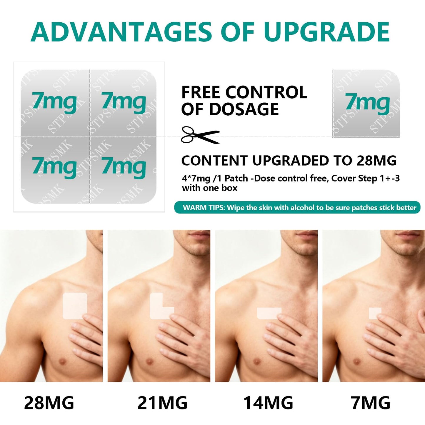 STPSMK Nicotine Patches 28mg - Adjustable 4-Step Dose (28/21/14/7mg) | Plant-Based | 24HR | Quit Smoking & Vaping Kit (15 Patches) - Maple Wellness Supplements