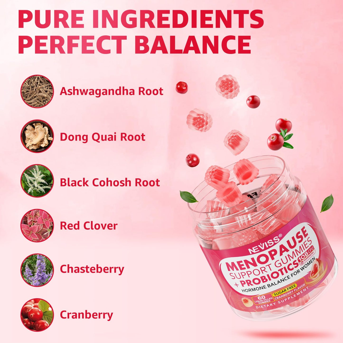 Sugar Free Menopause Supplement Gummies for Women, Menopause Probiotics (10 Billion CFU) Filled Gummy with Ashwagandha, Dong Quai & Black Cohosh for Hot Flashes, Night Sweats, Mood Swings, Gut Health - Maple Wellness Supplements