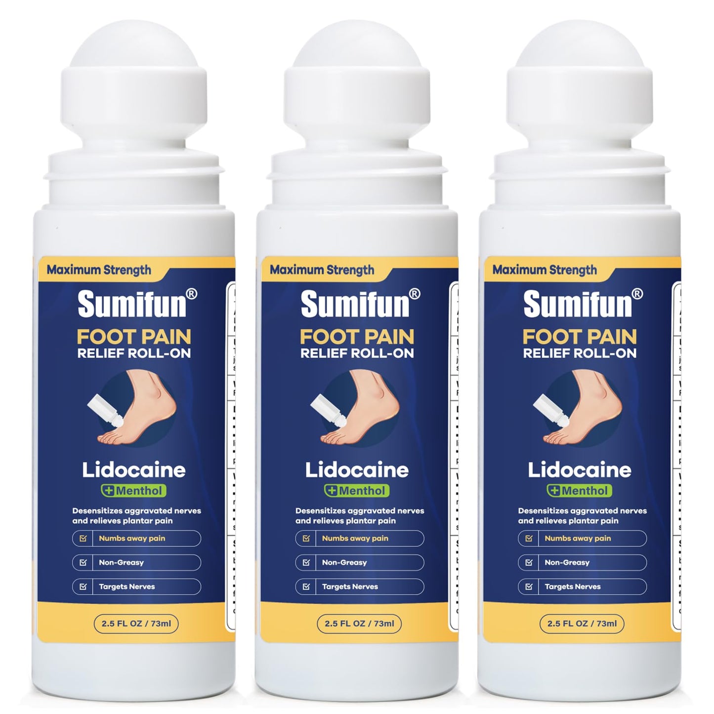 Sumifun Foot Pain Relief Lidocaine Roll-On - Maximum Strength OTC for Plantar Fasciitis & Heel Pain - Fast-Drying, Non-Greasy Formula, 2.5 Fl Oz * 3 - Maple Wellness Supplements