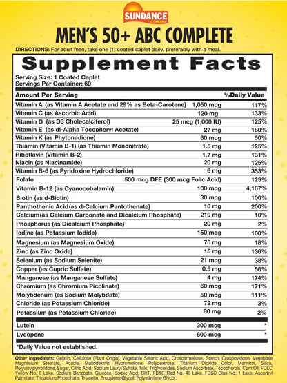 Sundance Men's 50+ Multivitamin Caplets | with Vitamins A, C, E, B6, B12 | Multimineral Formula | Non-GMO & Gluten Free Supplement - Maple Wellness Supplements
