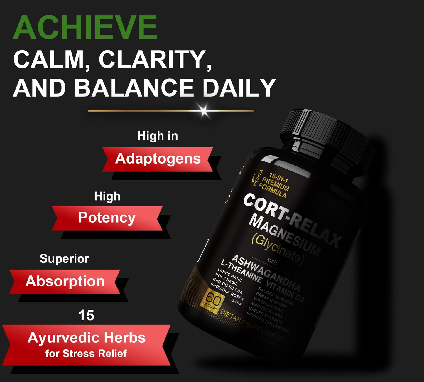 Super Calm Cortisol Supplements for Women & Men with Magnesium Glycinate, Ashwagandha, L-Theanine, Phosphatidylserine, Ginkgo & Lions Mane for Calm, Focus, Mental Clarity, Relaxation, Sleep, Energy - Maple Wellness Supplements