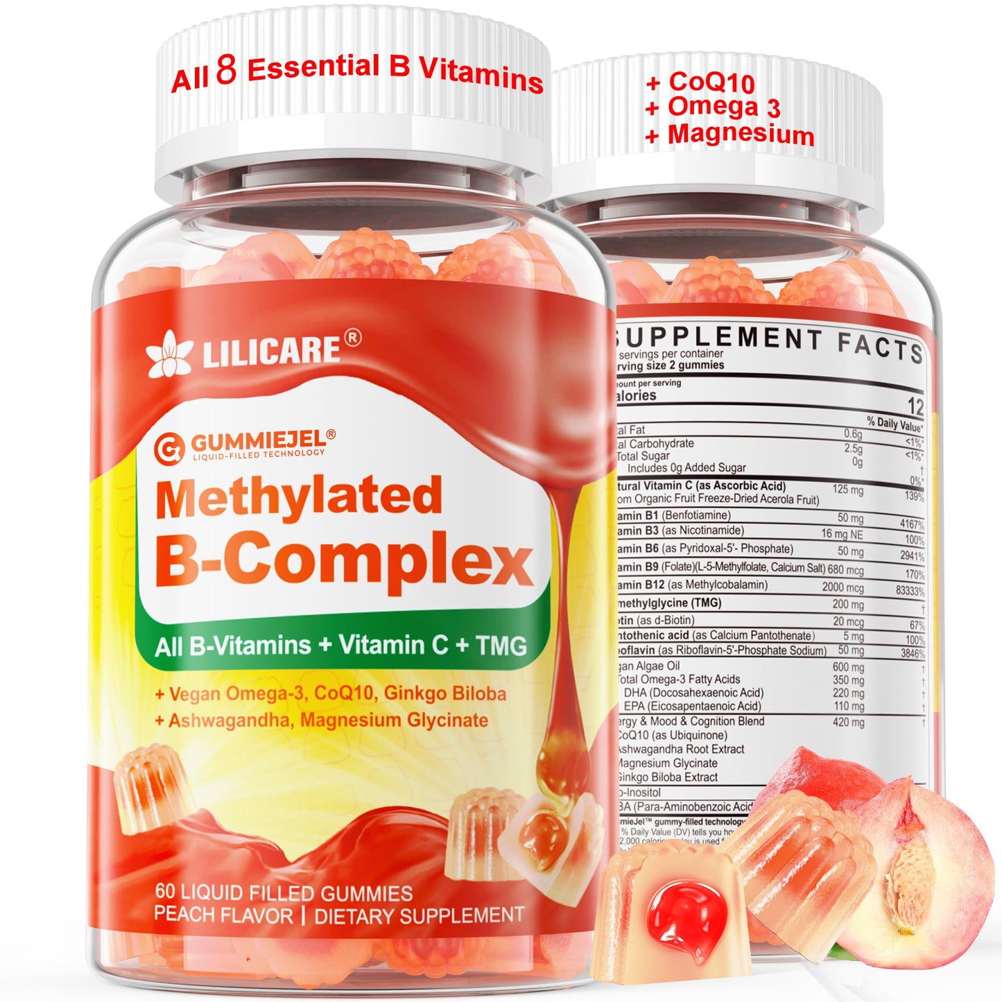 Super Methylated Vitamin B Complex Gummies - All B Vitamins + Omega-3, Magnesium, CoQ10, Ashwagandha,Vitamin C, TMG- For Women Men- Methyl B12 2000 mcg, Methylfolate - Maple Wellness Supplements