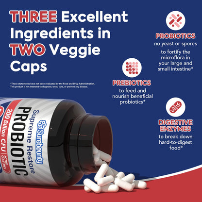 Surebounty Probiotic for Men & Women, 200 Billion CFU 35 Strains, Prebiotics + Digestive Enzymes, Supreme Restore Probiotic Supplement, - Maple Wellness Supplements