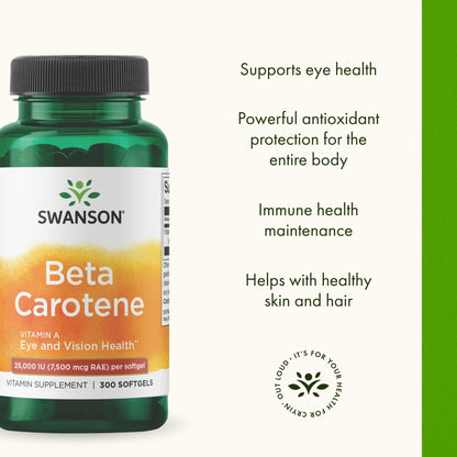 Swanson Beta-Carotene Vitamin A 25,000 IU Eye and Skin Health Supplement for Adults Seeking Vision and Immune Support - 7,500 mcg (300 Softgels) - Maple Wellness Supplements