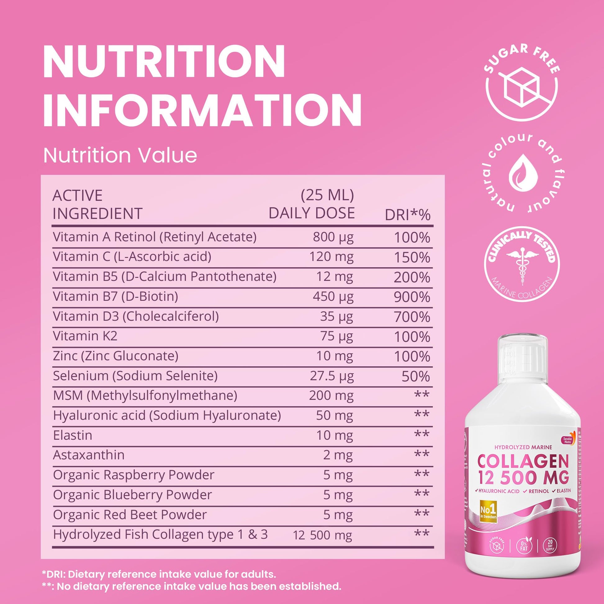 Swedish Nutra 12,500mg Liquid Marine Collagen Hydrolyzed Peptide (Type 1 & 3) | 20 Day Supply, 500 ml | Hyaluronic Acid, Biotin & Vitamins for Hair, Skin, Nails & Joints | For Men & Women | Sugar Free - Maple Wellness Supplements