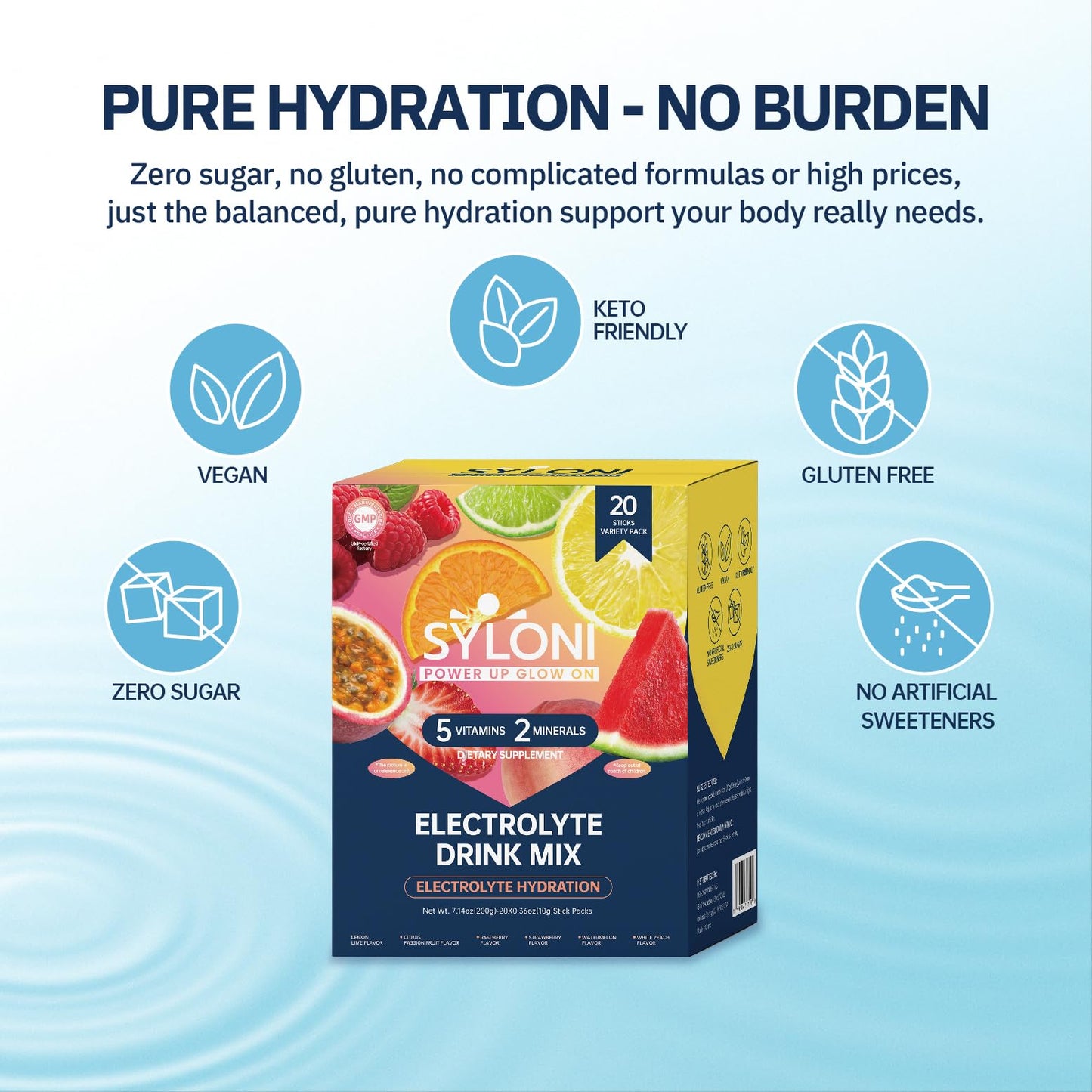 Syloni Electrolytes Powder Packets, Trial Variety Pack(20 Sticks), Sugar Free Hydration Packets Electrolyte Drink Mix with 7 Vitamins and Electrolytes - Maple Wellness Supplements
