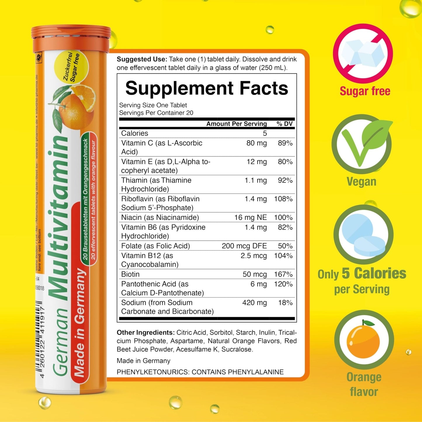 T&D German Multvitamin 10 Vitamins - 100 Vegan Drink Effervescent Tablets - Orange Flavor - Made in Germany - Maple Wellness Supplements
