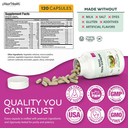 Teen Vitamins for Girls 12-17 - Teen Multivitamin D3, Iron, Calcium, Biotin, Zinc, Digestive Enzymes – Teenager Girl Multi Vitamins - Maple Wellness Supplements