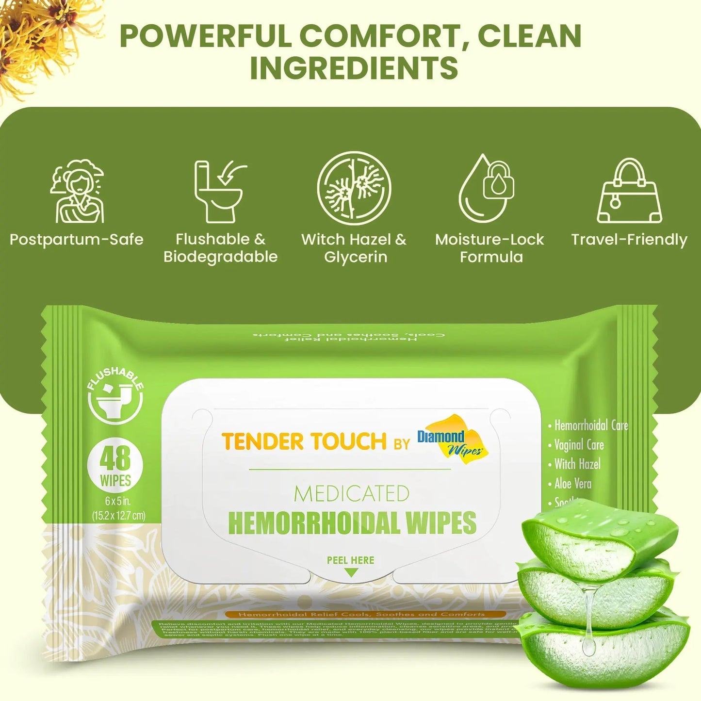 Tender Touch Hemorrhoid Wipes with Witch Hazel and Aloe, Flushable Medicated Wipes for Hemorrhoid and Vaginal Relief - Postpartum-Safe, Fragrance-free, Travel Size, 1 Pack, 48-ct. - Maple Wellness Supplements
