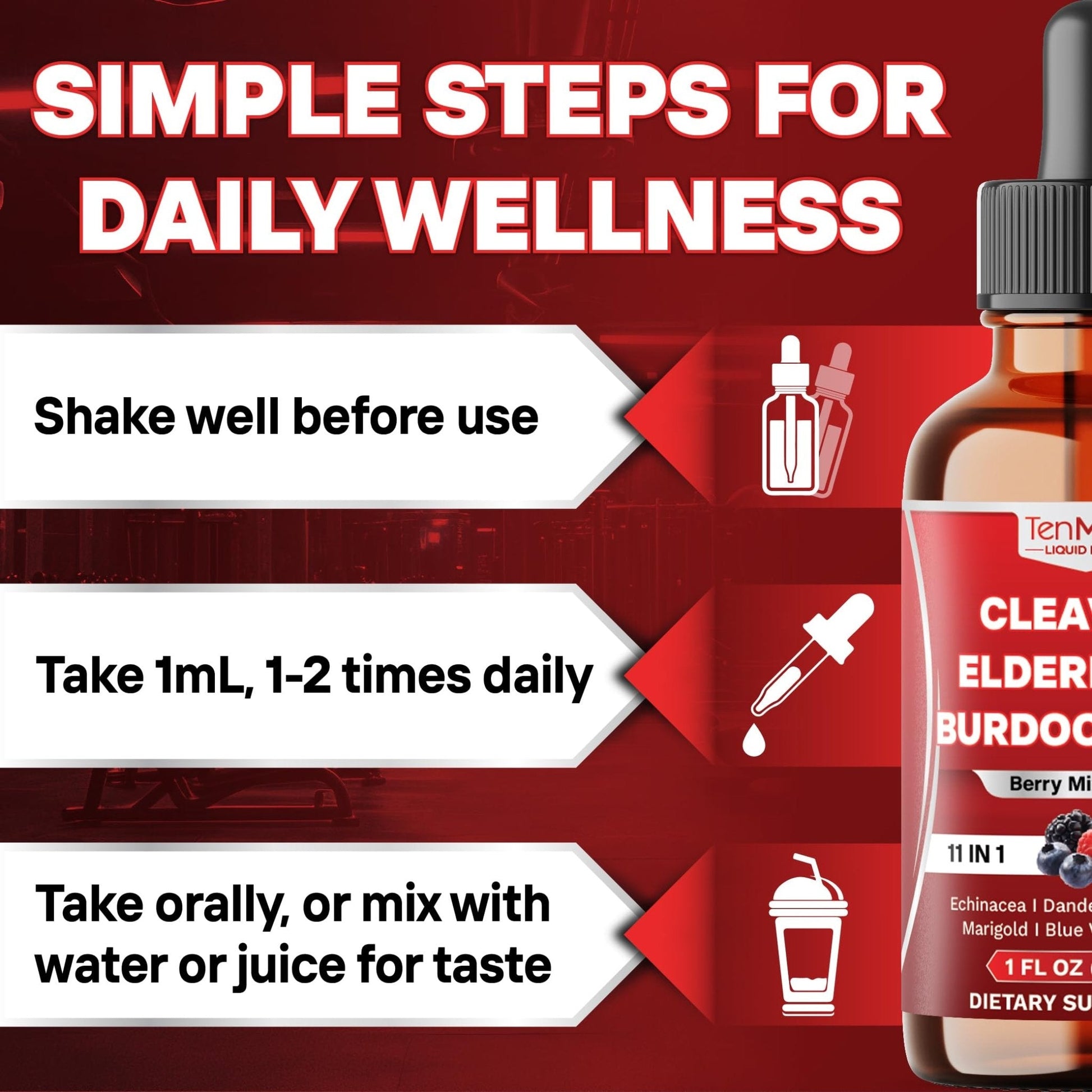 Tenmido 11in1 Lymphatic Drainage Drops with Cleavers, Elderberry, Burdock Root, Echinacea, Dandelion, Red Clover, Marigold, Blue Vervain, Ginger, Licorice, Rosehip - 30 Days Supply - 1FL Oz - Maple Wellness Supplements