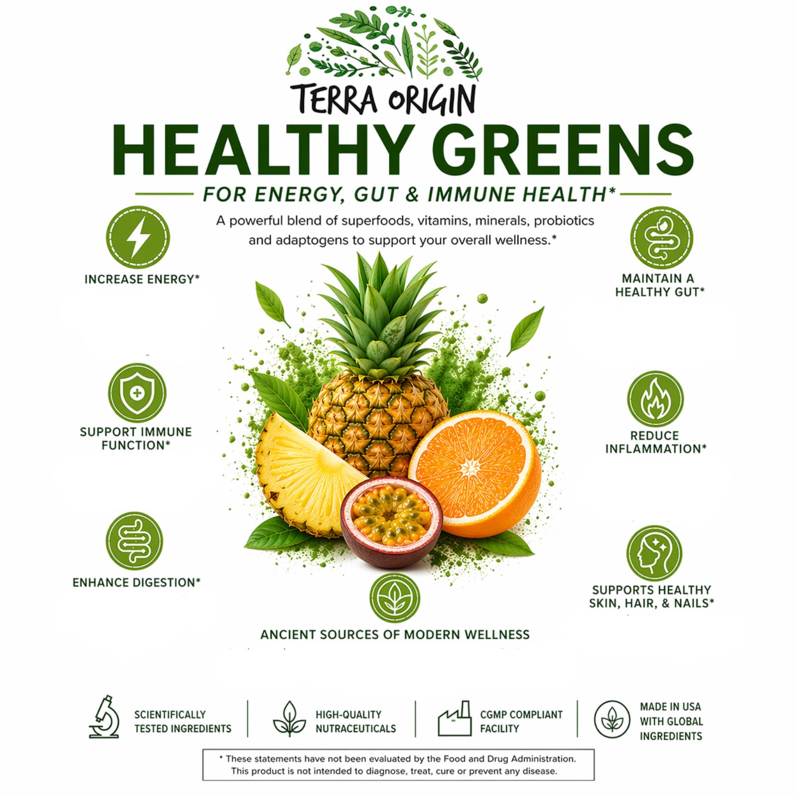 TERRA ORIGIN Healthy Greens Powder Supplement | Superfood Digestive Enzyme & Probiotic Blends | Immune, Gut, and Digestive Support for Women - Maple Wellness Supplements